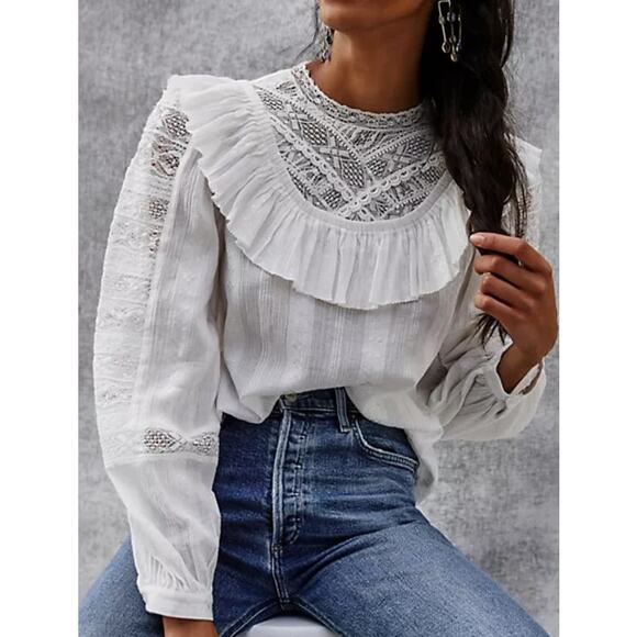 Anthropologie Ivory Lace Ruffled Bib Blouse Puff Sleeve Poetcore Romantic Top XS - Picture 2 of 7